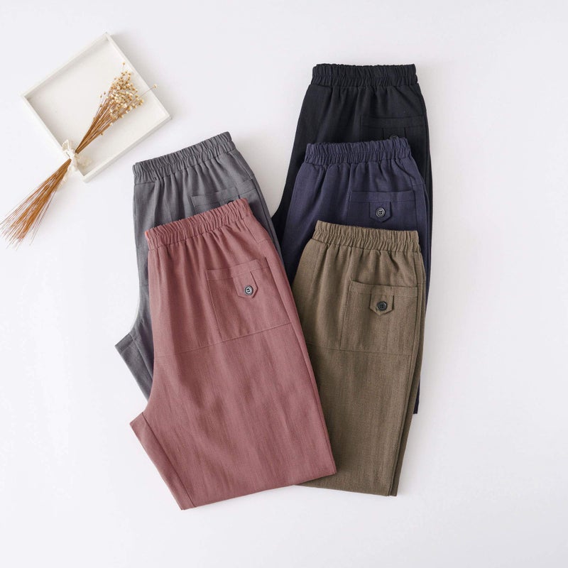 Minibee بنطلون ميني بي النسائي بقصة كاجوال من الكتان بخصر مرن أسود 2XL - Image 2